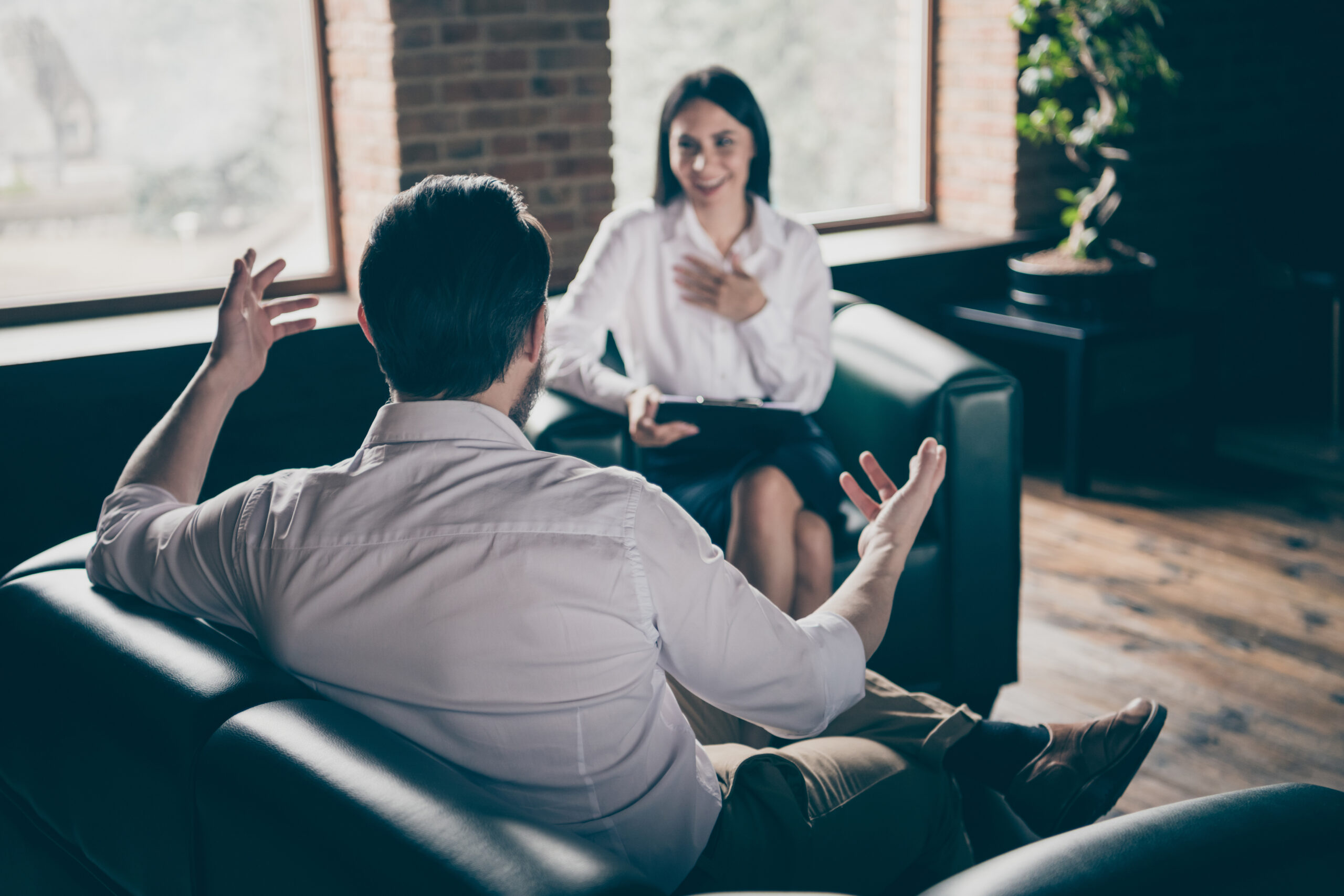 Portrait of his he her she nice attractive cheerful people meeting attending interview consulting life development coaching at modern industrial loft style interior work place station